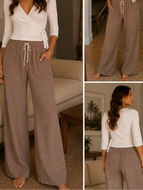 Joie 100% Lyocell Wide Leg Pull On Pants Taupe Brown Relaxed Lounge Boho Size M